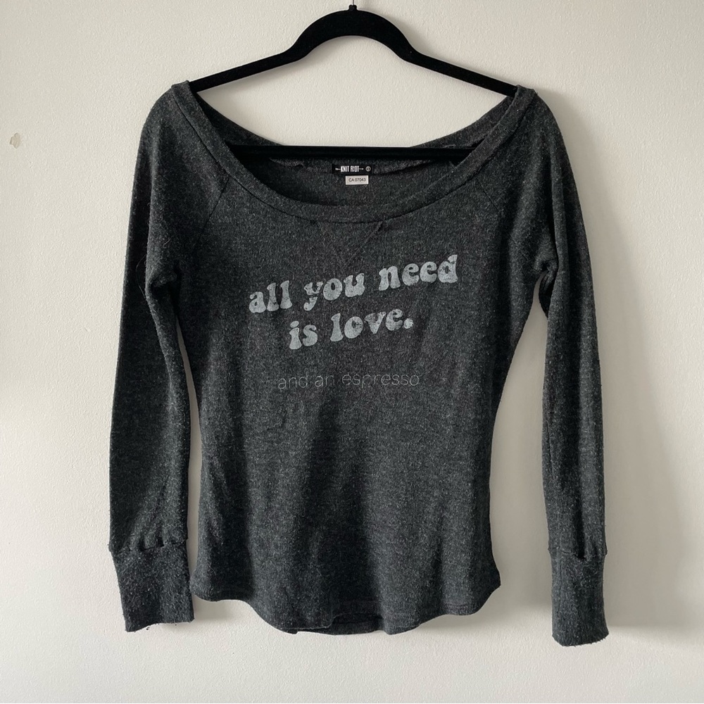 Knit Riot charcoal grey long sleeve off the shoulder graphic shirt top sz small